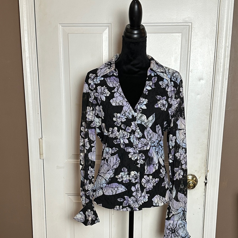 INC  Black and Purple Women's FLORAL Top